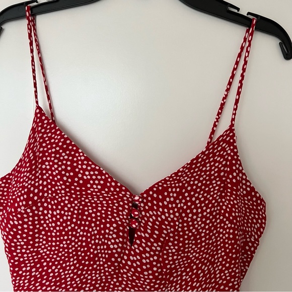 Row A Red Polka Dot Slit Midi Slip Sun Dress Small Knee Length Spaghetti Strap - Picture 13 of 14